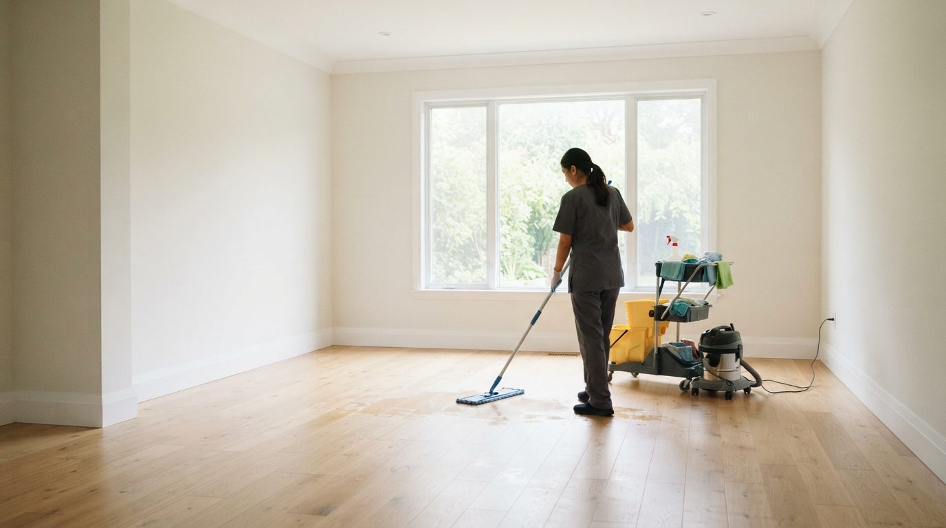 Tomt rum der bliver rengøret med rengøringsudstyr og kluter