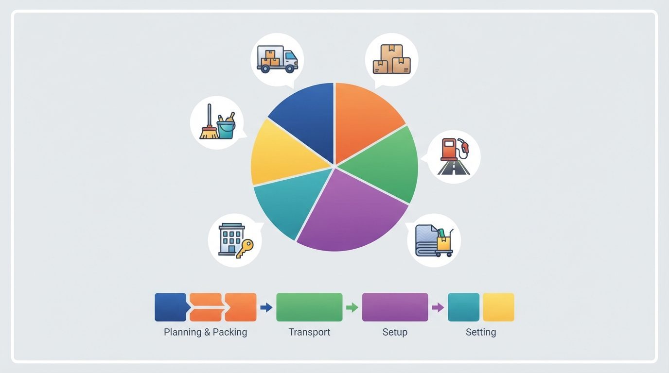 Budgetdiagram eller regneark der viser flytningsomkostninger opdelt