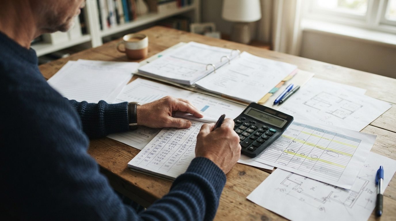 Person der regner på kalkulator med flytningspriser og budgetdokumenter på skrivebord