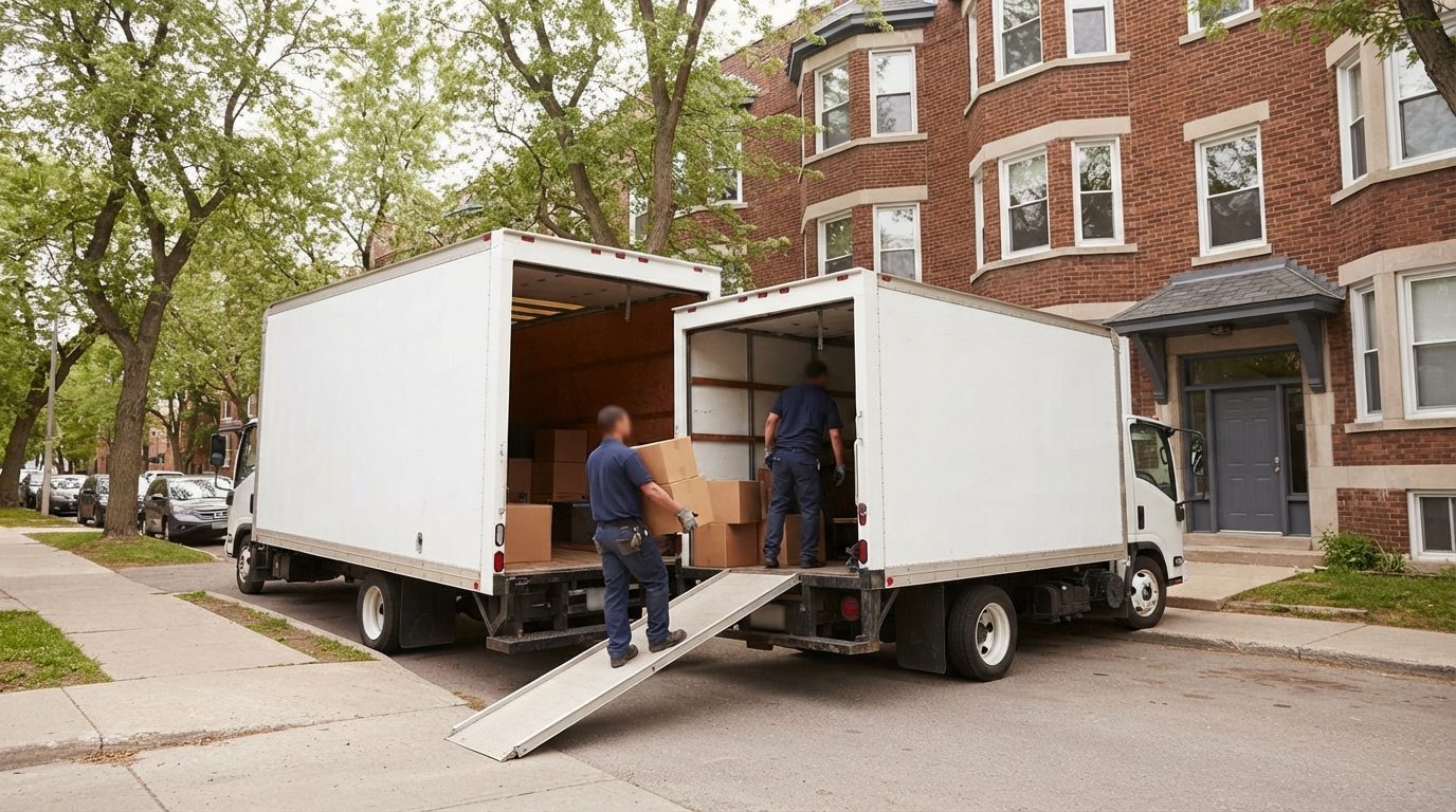 Professionel flyttebus parkeret foran bolig